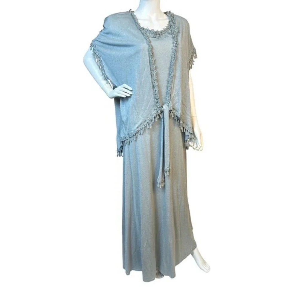 Vintage 90s Maxi Knit‎ Dress & Fringed Shawl Set Linda Lundstrom Linen Blend KC